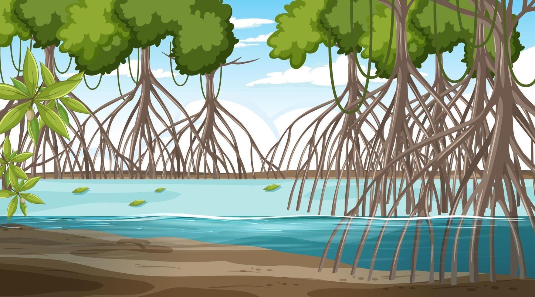 scena del paesaggio della foresta di mangrovie durante il giorno vettore
