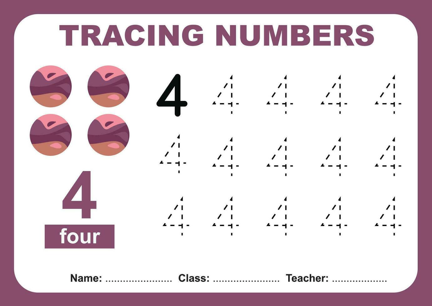 tracciare e Scrivi numero per bambini. esercizio per bambini per riconoscere il numero. educativo foglio di lavoro per prescolastico vettore