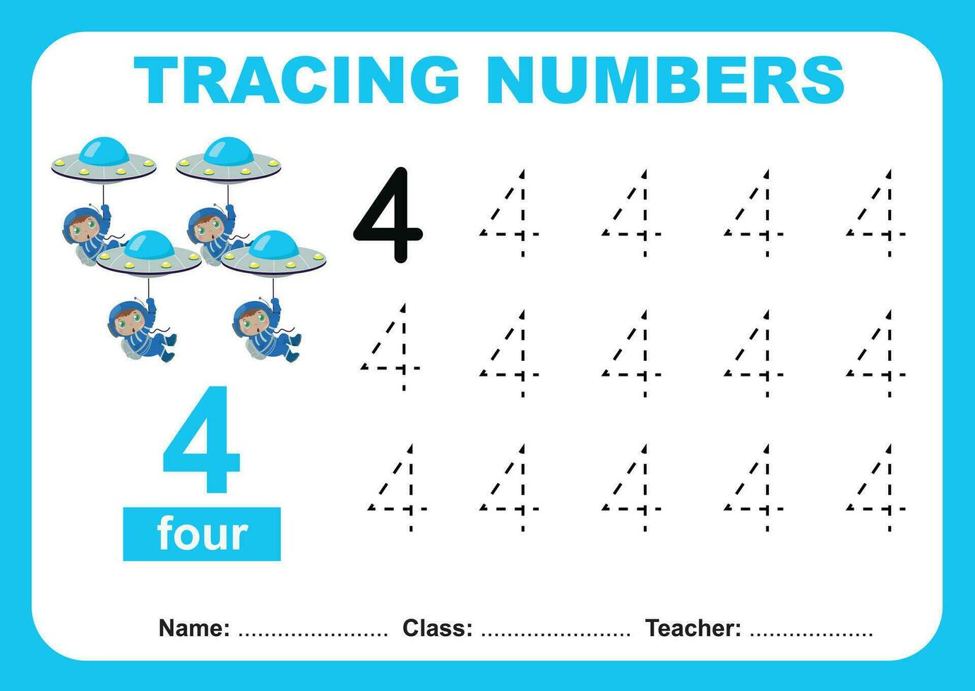 tracciare e Scrivi numero per bambini. esercizio per bambini per riconoscere il numero. educativo foglio di lavoro per prescolastico vettore