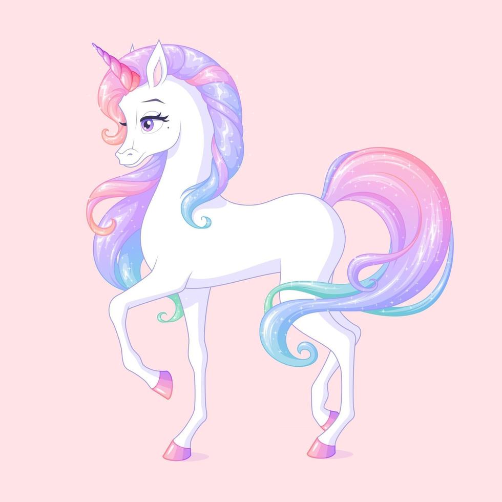 bellissimo unicorno bianco con illustrazione vettoriale di corno rosa