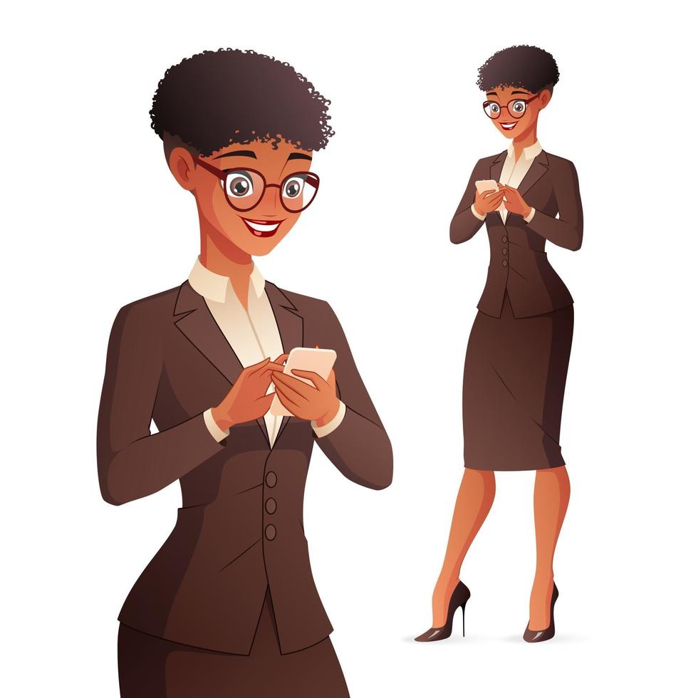 donna d'affari nera che manda un sms sull'illustrazione vettoriale dello smartphone