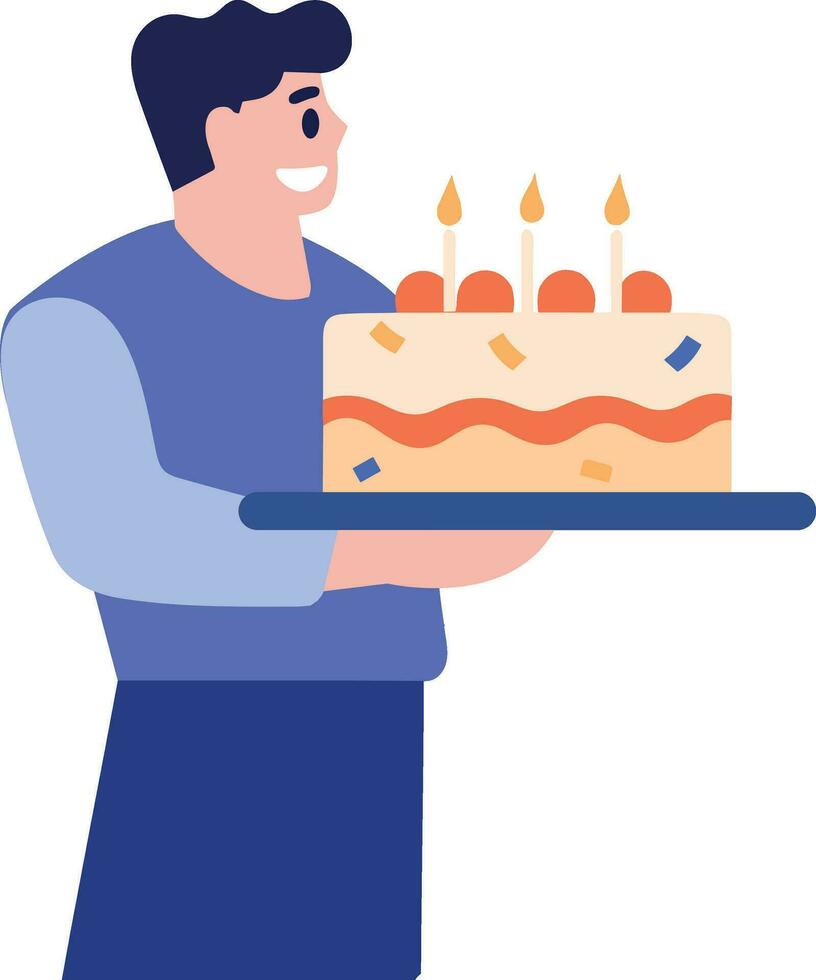 mano disegnato maschio personaggio con compleanno torta nel piatto stile vettore