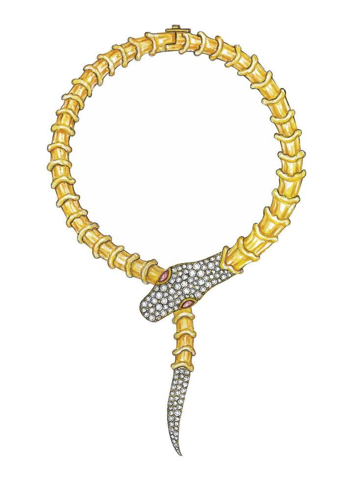 gioielleria design diamante impostato con osso serpente oro collana mano disegno e pittura su carta rendere grafico vettore. vettore