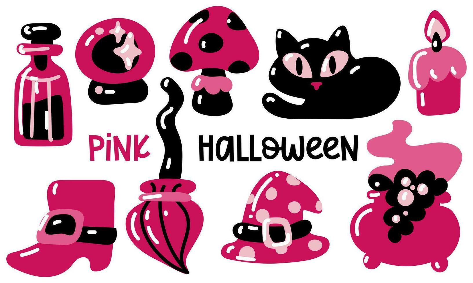 contento rosa Halloween carino vettore impostato di disegni con cartone animato gatto, veleno, scopa, volare agarico, bicchiere sfera, candela, calderone, scarpa e strega cappello. elementi nel rosa e nero toni nel un' piatto stile etichetta