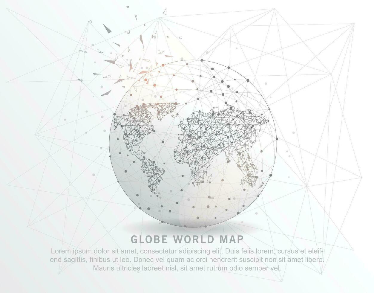 globo mondo carta geografica forma punto, linea e composizione digitalmente disegnato nel il modulo di rotto un' parte triangolo forma e sparpagliato punti. vettore