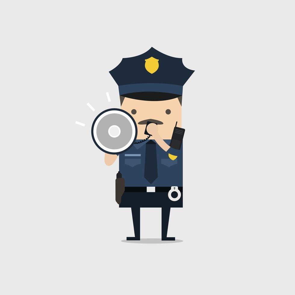 personaggio ufficiale di polizia in un'uniforme blu che grida usando il megafono. vettore