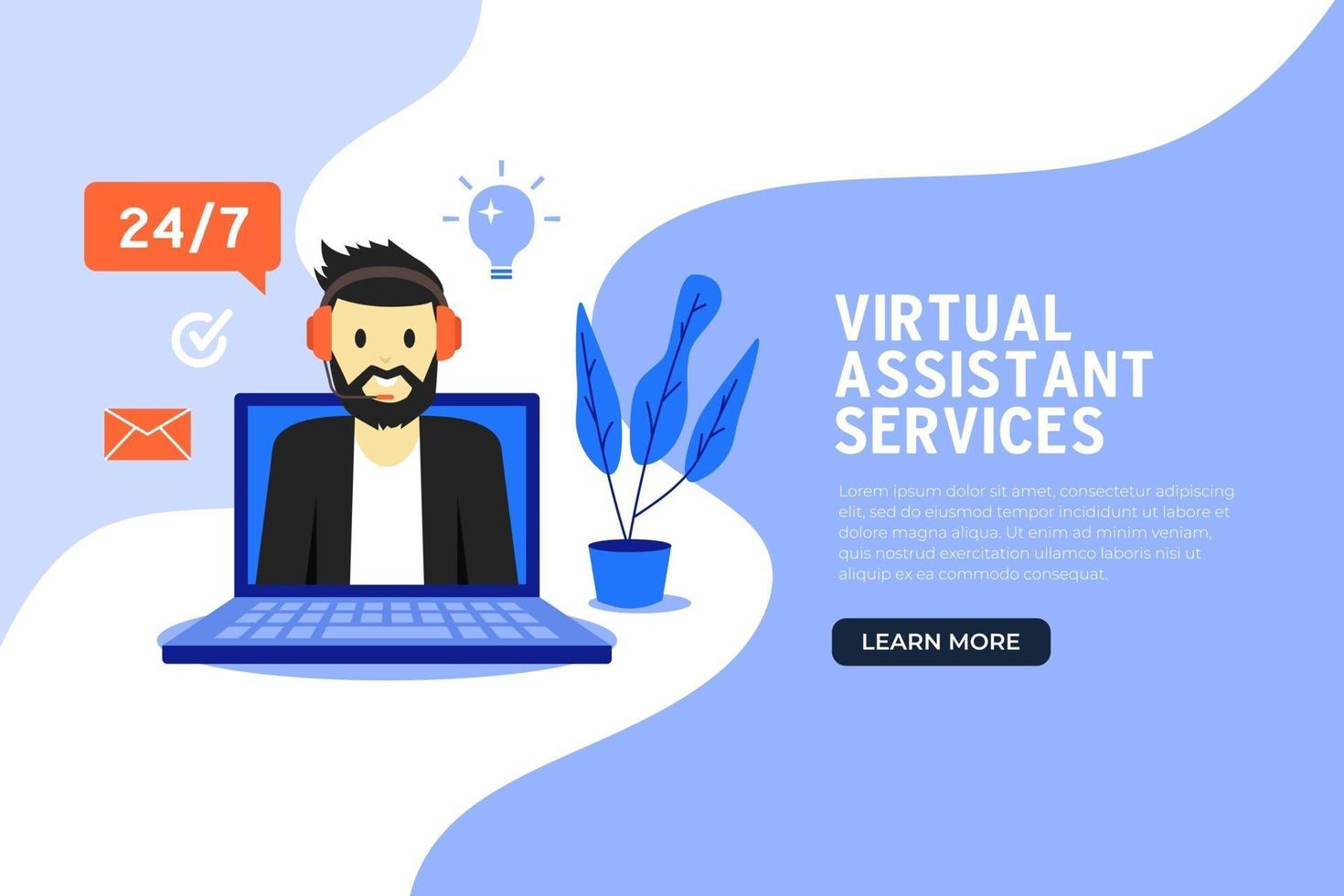 servizi di assistente virtuale online banner design piatto. vettore