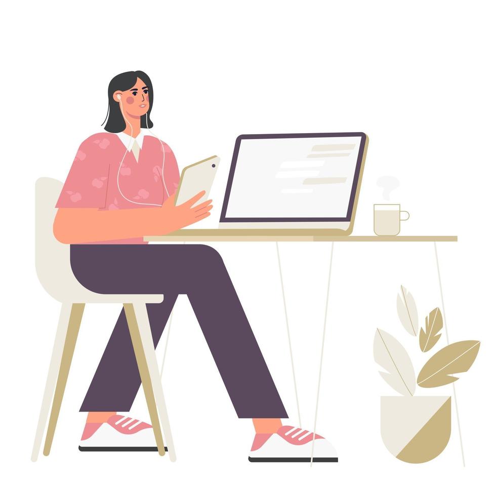 una donna gestisce un podcast o un video blog si siede con le cuffie davanti a un laptop vettore