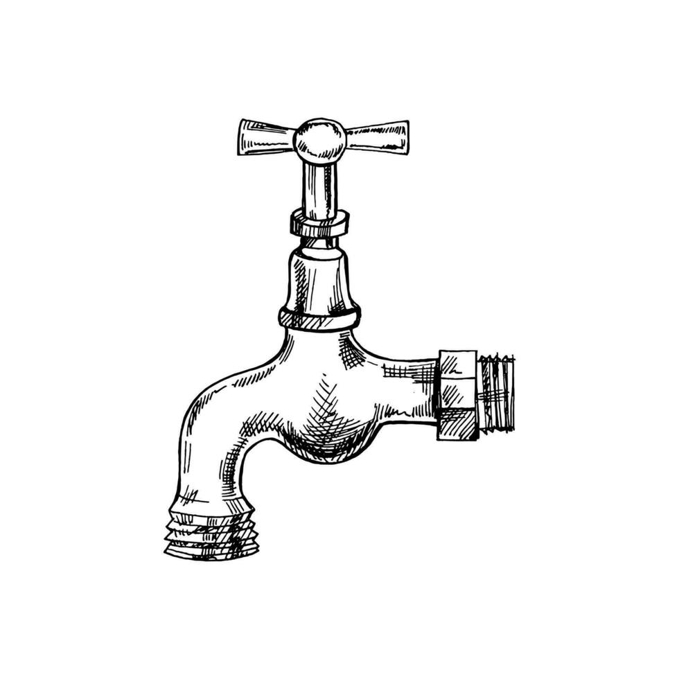 disegnato a mano bianco e nero schizzo di vecchio Usato rame metallo Vintage ▾ rubinetto isolato. scarabocchio vettore illustrazione.