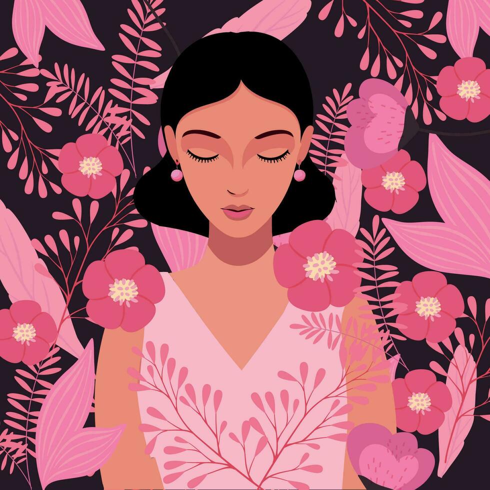Seno cancro sopravvissuto donna con fiori isolato piatto vettore illustrazione