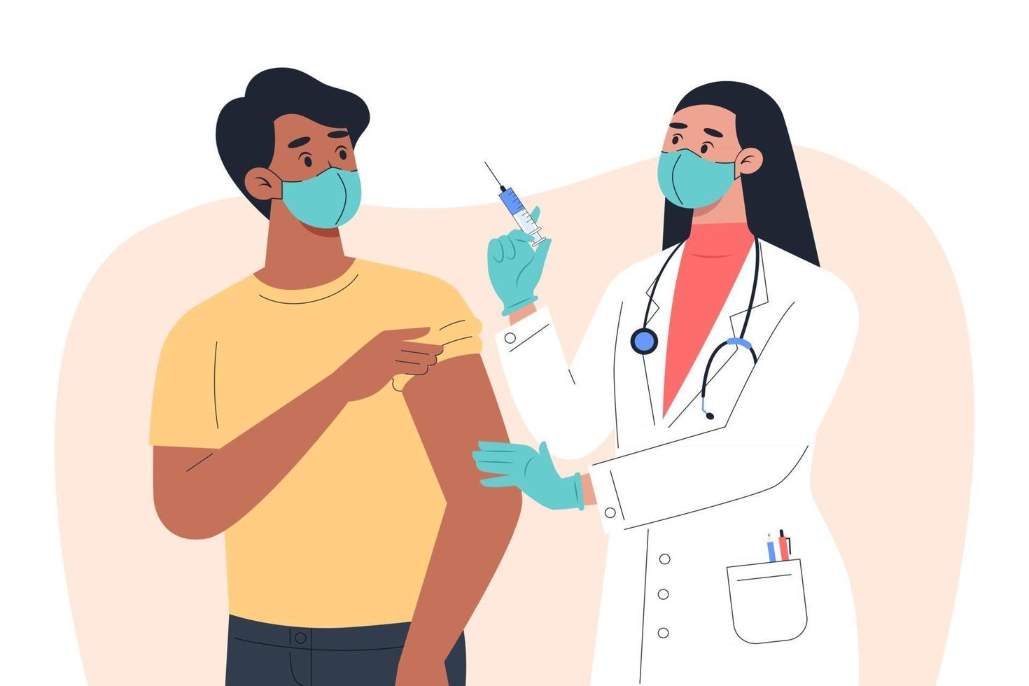 una dottoressa con maschera e guanti fa un vaccino a un paziente maschio vettore