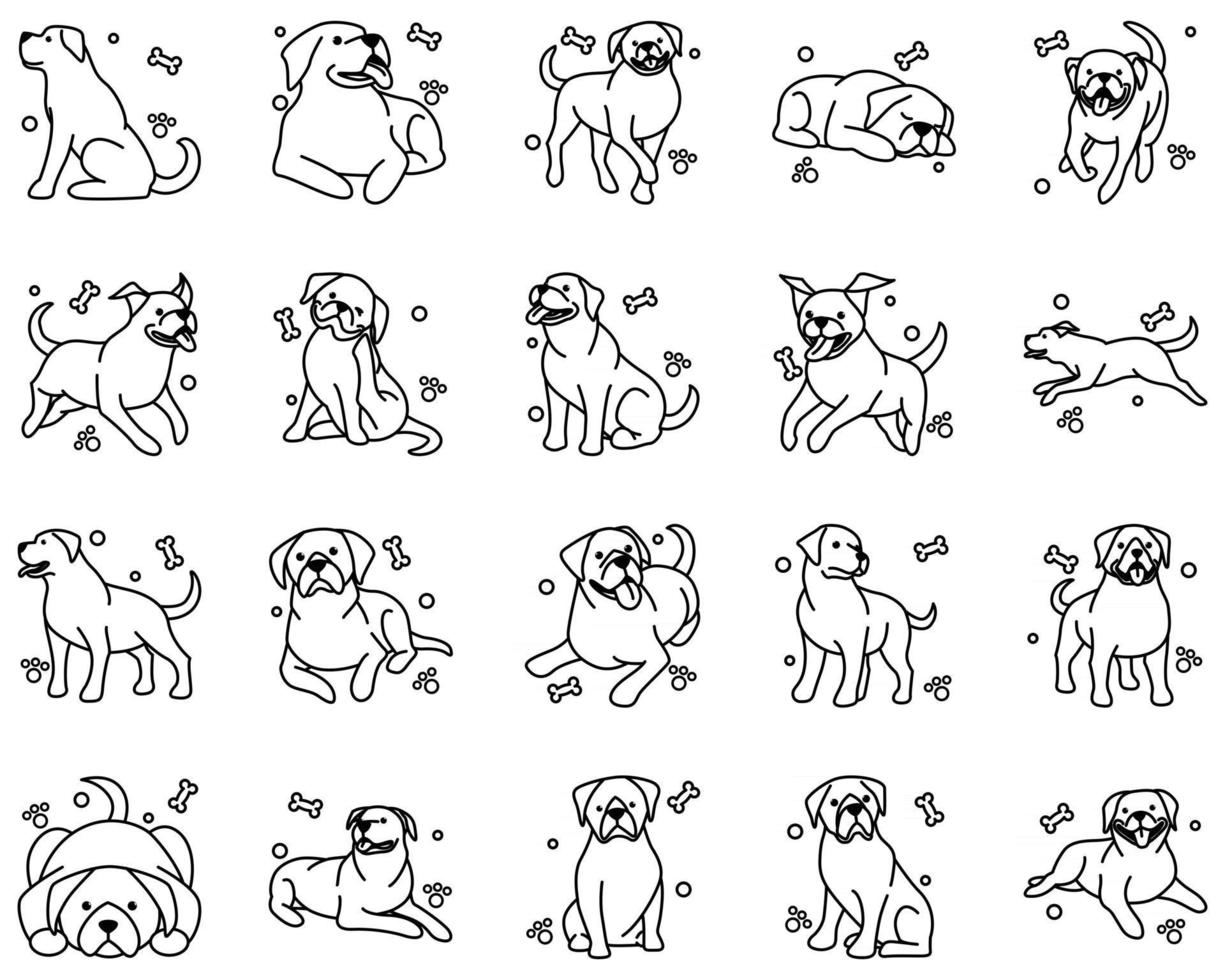 Cartoon carino illustrazione vettoriale contorno set di icone di un grosso cane.