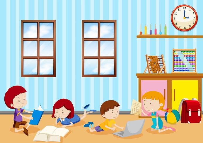 Bambini che studiano in classe vettore