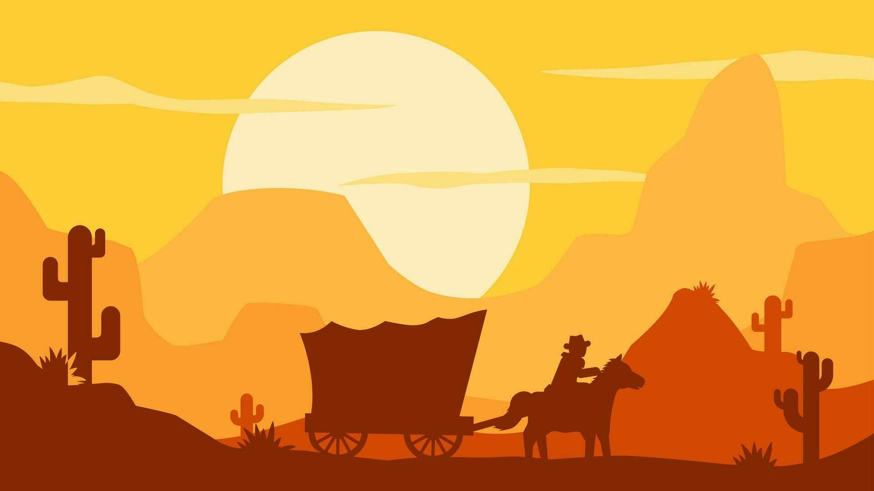 selvaggio ovest deserto paesaggio vettore illustrazione. cowboy con carro nel il selvaggio ovest deserto paesaggio. americano deserto paesaggio per sfondo, sfondo o atterraggio pagina