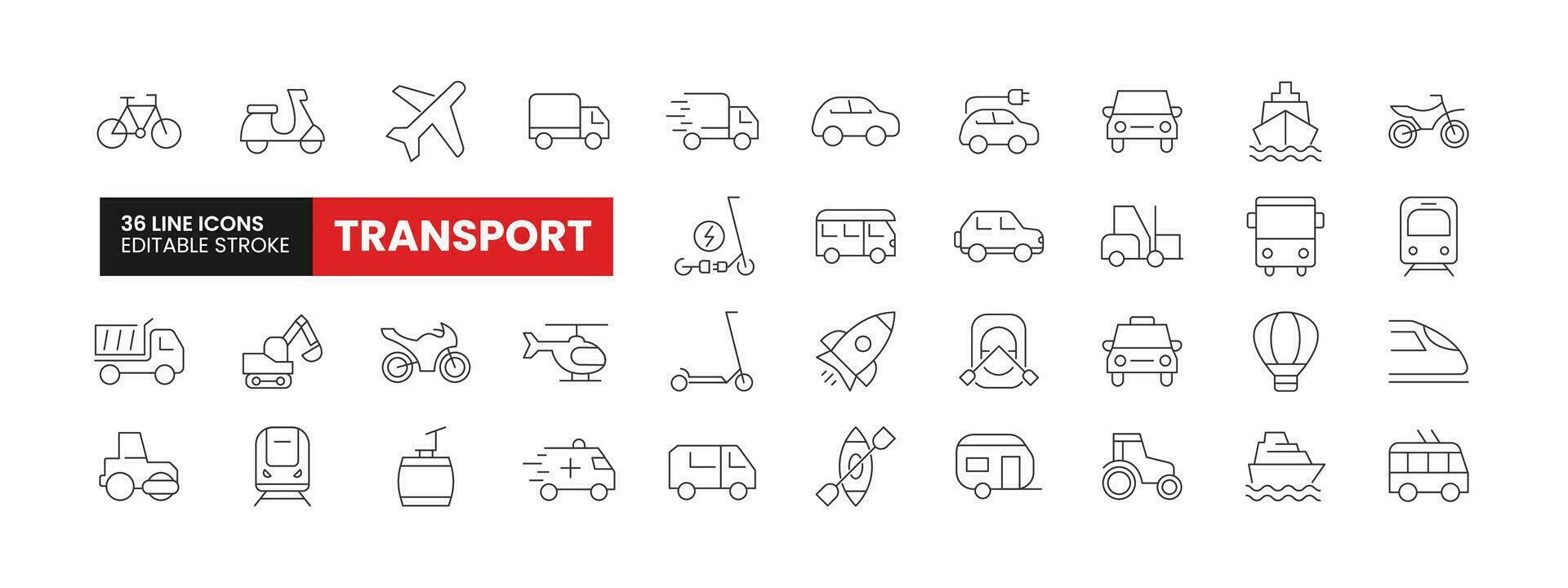 impostato di 36 trasporto linea icone impostare. trasporto schema icone con modificabile ictus collezione. include macchina, autobus, carrello elevatore, aereo, trattore e di più. vettore