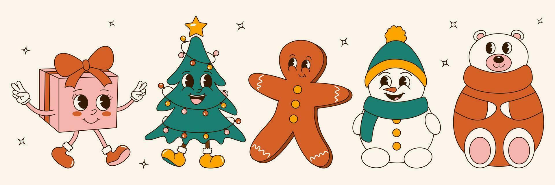 Groovy 70s retrò Natale etichetta impostare. di moda retrò cartone animato stile. comico Natale cartone animato personaggi, mascotte. pupazzo di neve, Natale albero, Pan di zenzero, regalo, orso vettore