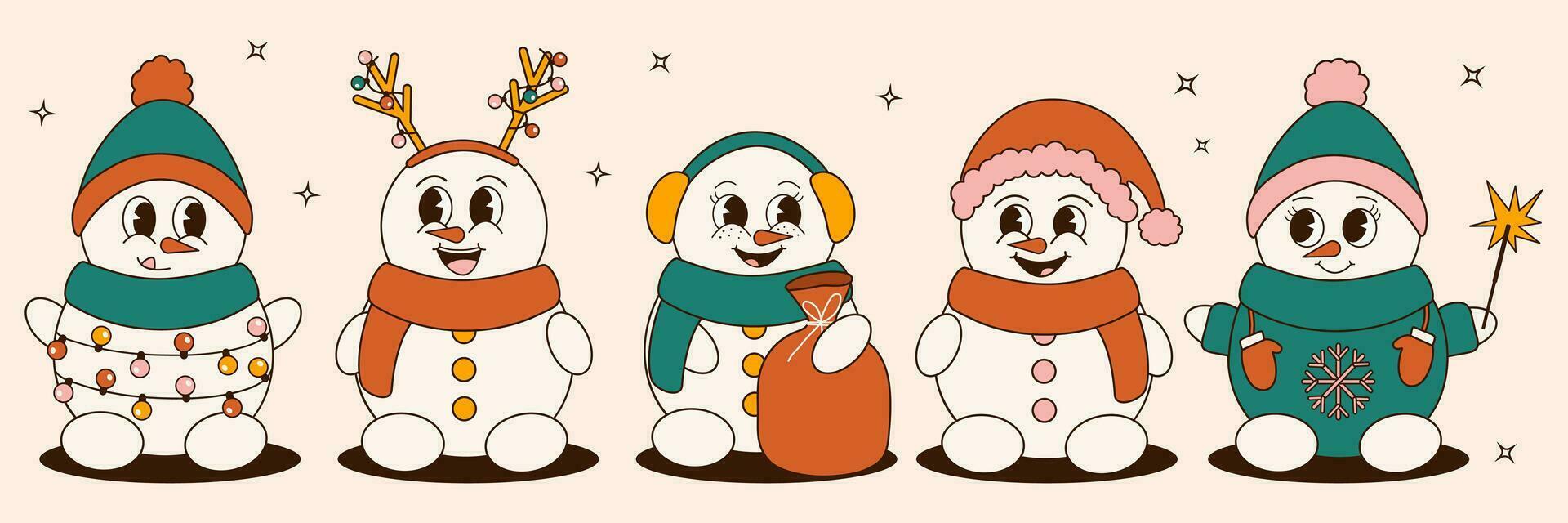 Groovy 70s Natale etichetta impostare. di moda retrò cartone animato stile. cartone animato pupazzo di neve personaggi. comico mascotte vettore