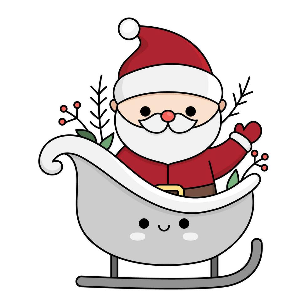 vettore colorato kawaii Santa Claus su slitta. carino padre brina illustrazione isolato su bianca sfondo. Natale, inverno o nuovo anno personaggio su slitta. divertente cartone animato vacanza icona