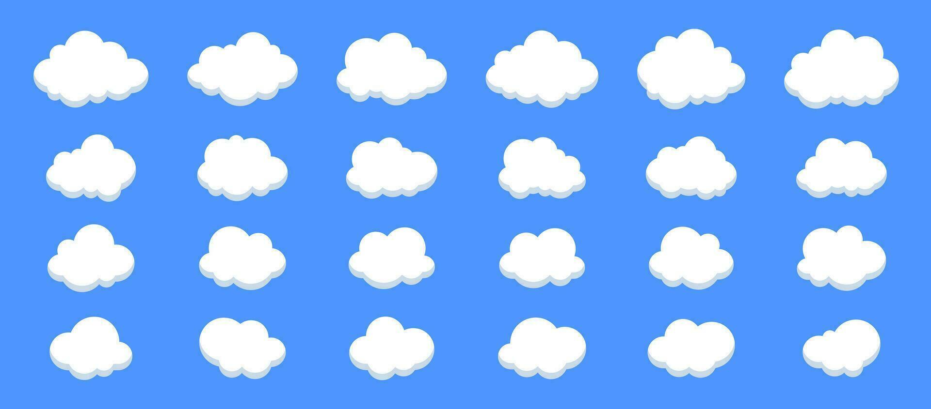 impostato di cartone animato nuvole. soffice nuvole collezioni nel piatto stile isolato su blu sfondo. vettore