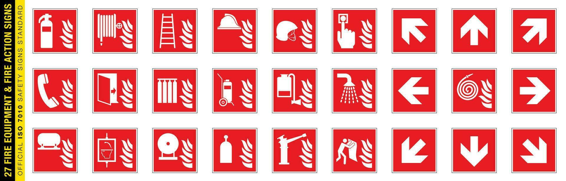 pieno impostato di 27 isolato fuoco attrezzatura e fuoco azione segni su rosso tavola. ufficiale iso 7010 sicurezza segni standard. vettore