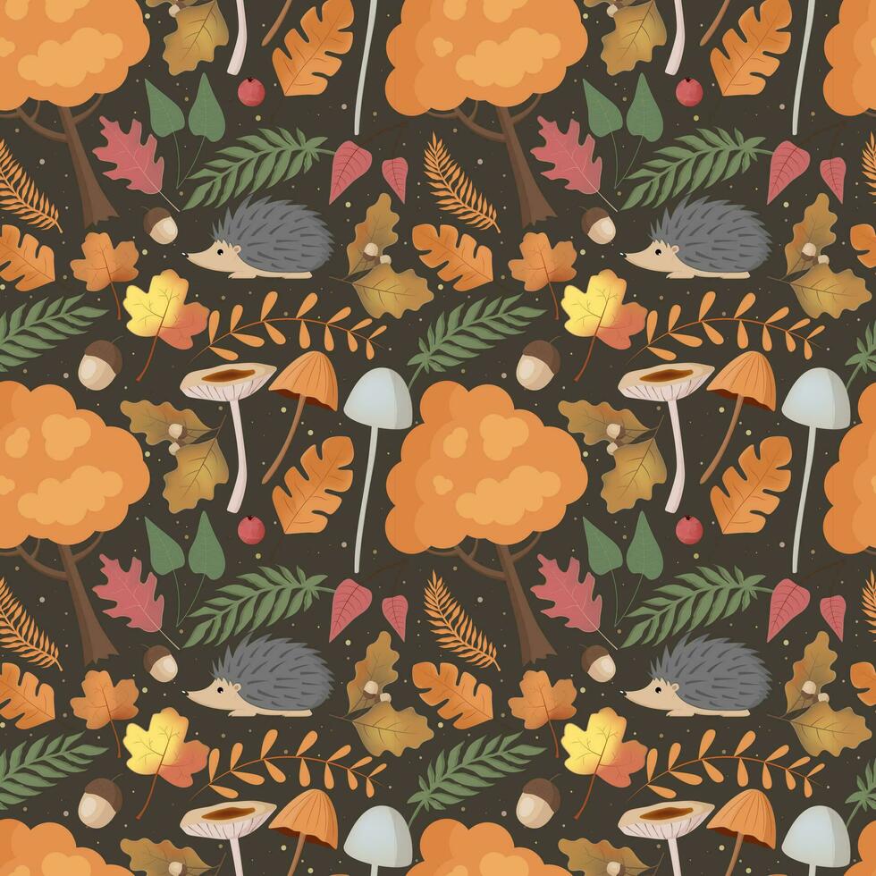 autunno modello con riccio, funghi, albero, le foglie. foresta sfondo, vettore senza soluzione di continuità modello.