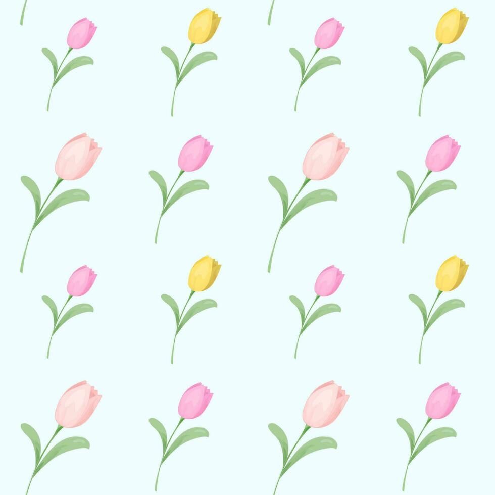 delicato modello con tulipani. giallo e rosa fiori su blu sfondo. primavera senza soluzione di continuità modello. vettore illustrazione