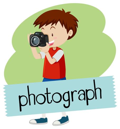 Wordcard per fotografia con ragazzo che cattura maschera con la macchina fotografica vettore