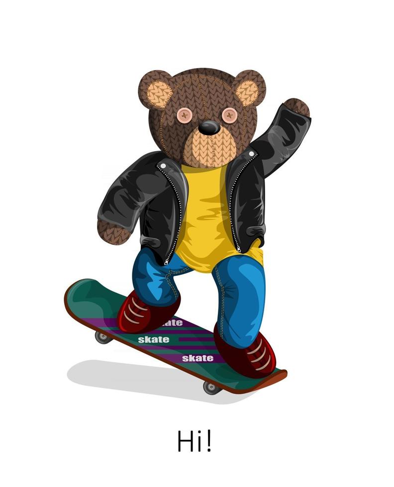 immagine vettoriale di un orso giocattolo su uno skateboard