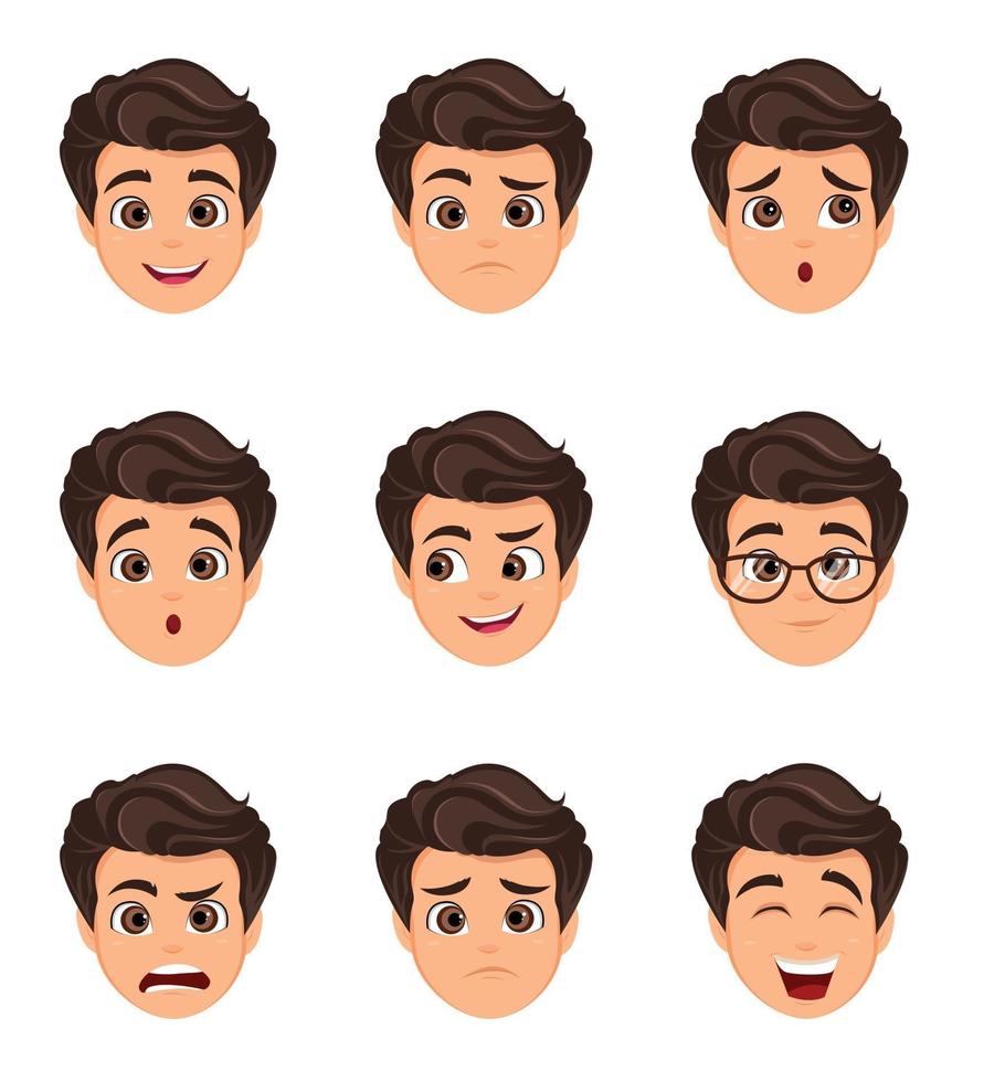 set di emozioni maschili. espressione facciale. personaggio dei cartoni animati vettore