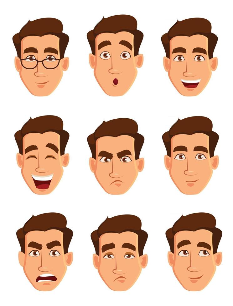 espressioni del viso di un uomo. diverse emozioni maschili impostate vettore