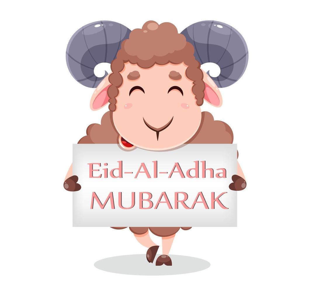 biglietto di auguri eid al adha mubarak. pecora dei cartoni animati vettore
