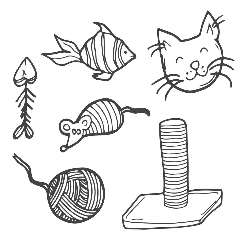 scarabocchio gatto accessori per gatti. compleanno di un' animale domestico, pesce, cupcakes, museruole, ghirlande con bandiere, cartolina, palle, archi, groviglio, topo. Congratulazioni per il tuo Amati animale vettore