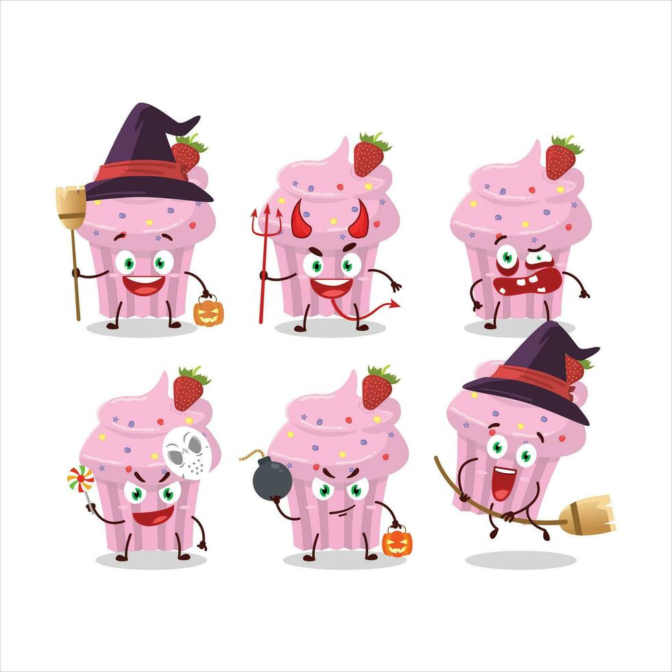 Halloween espressione emoticon con cartone animato personaggio di fragola focaccina vettore