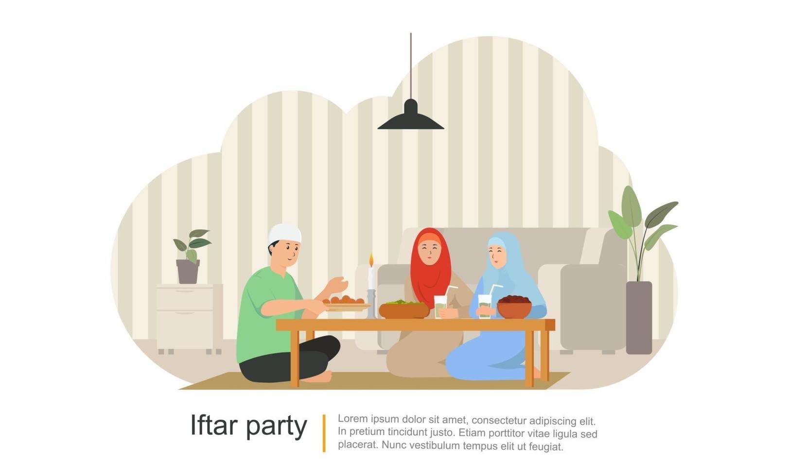 iftar della famiglia islamica che mangia dopo il digiuno. cena di famiglia vettore