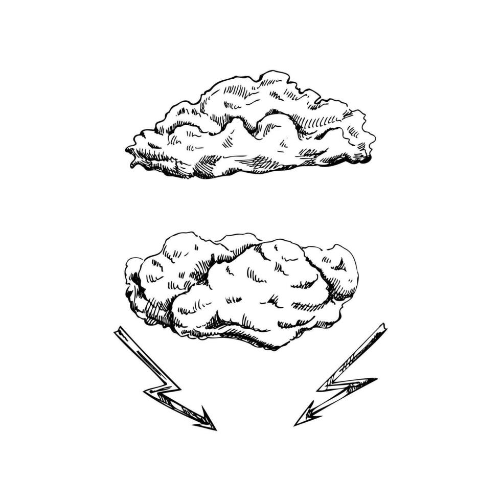 disegnato a mano bianco e nero schizzi di nube e nube con fulmine su bianca sfondo. eco concetto. vettore