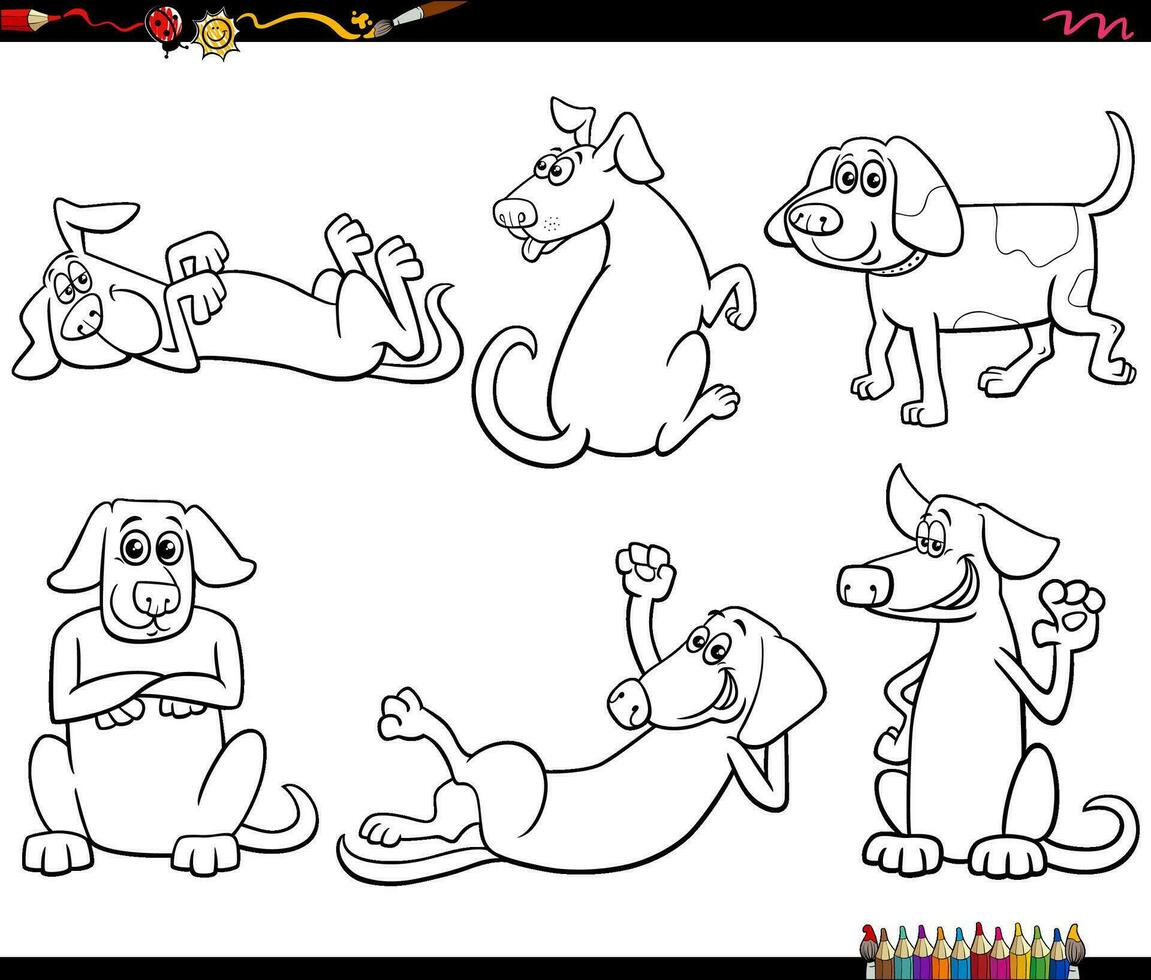 cartoni animati cani personaggi animali set da colorare pagina vettore