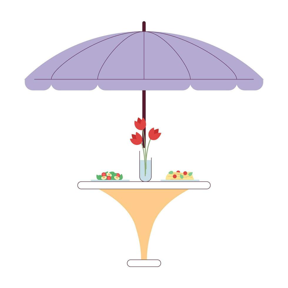 ombrello terrazza cenare tavolo cena servito 2d cartone animato oggetto. all'aperto ristorante mobilia isolato vettore articolo bianca sfondo. parasole tavolo con romantico cena colore piatto individuare illustrazione