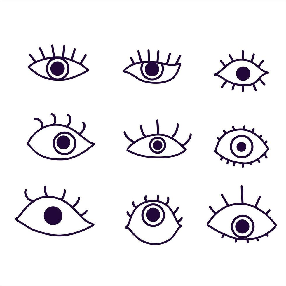 occhi impostato Groovy collezione. semplice schema hippie Aperto occhio icone. umano visione. illustrazione isolato su bianca vettore