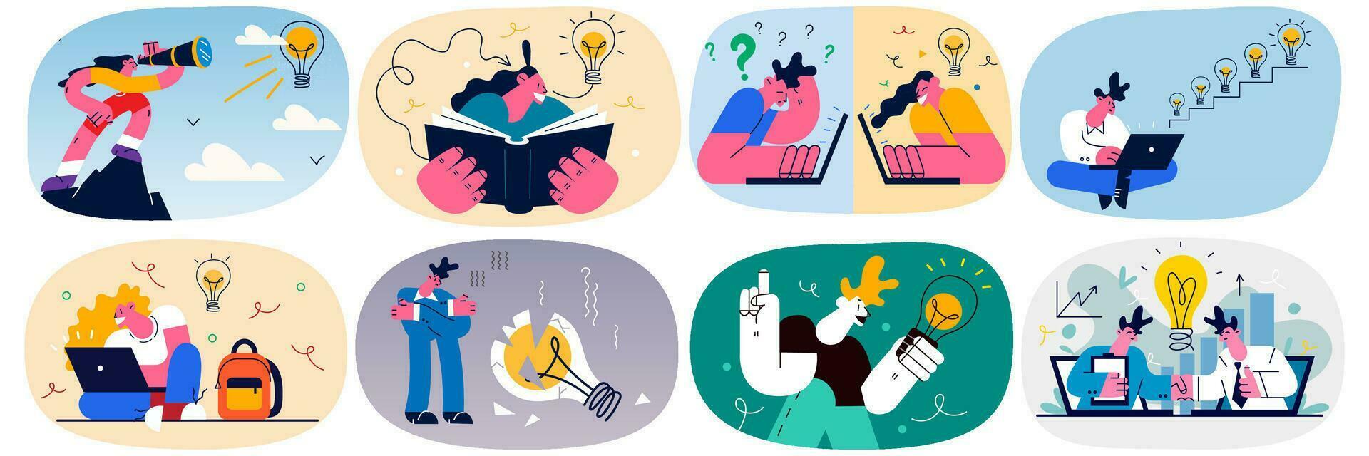 impostato di studenti o dipendenti pensare coinvolti nel di brainstorming processi rendere decisioni o scelta. collezione di uomini d'affari creare innovazione o attività commerciale idea. trova soluzione. vettore illustrazione.