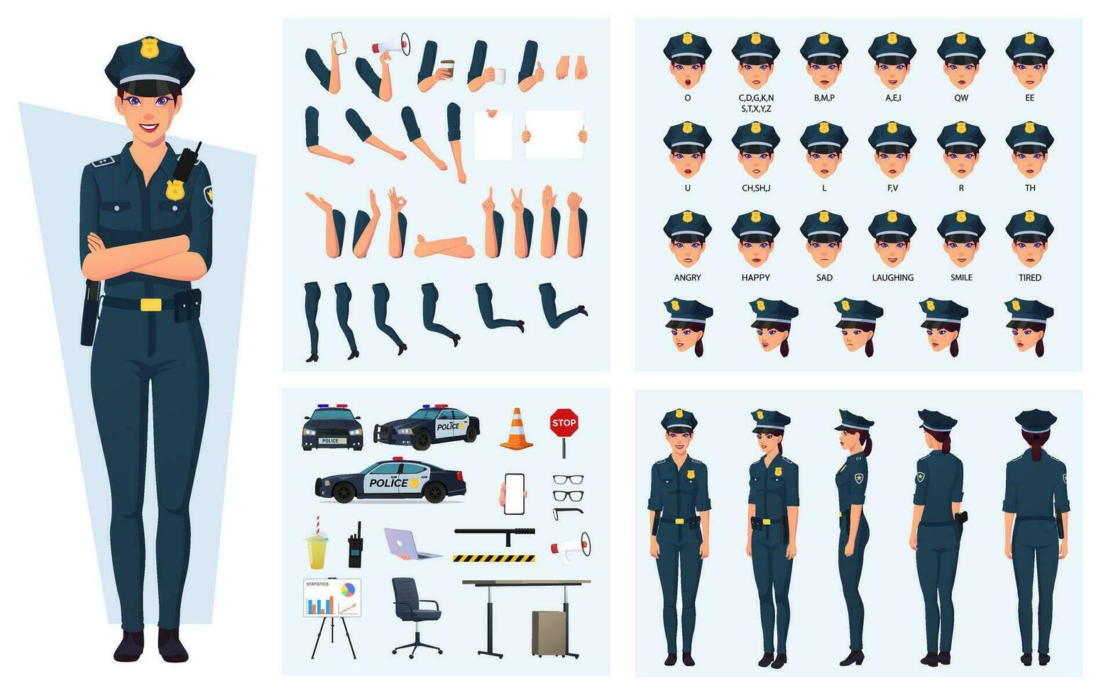 polizia donna cartone animato personaggio creazione con emozioni, sincronizzazione labiale, gesti, polizia attrezzatura per animazione e sartiame vettore