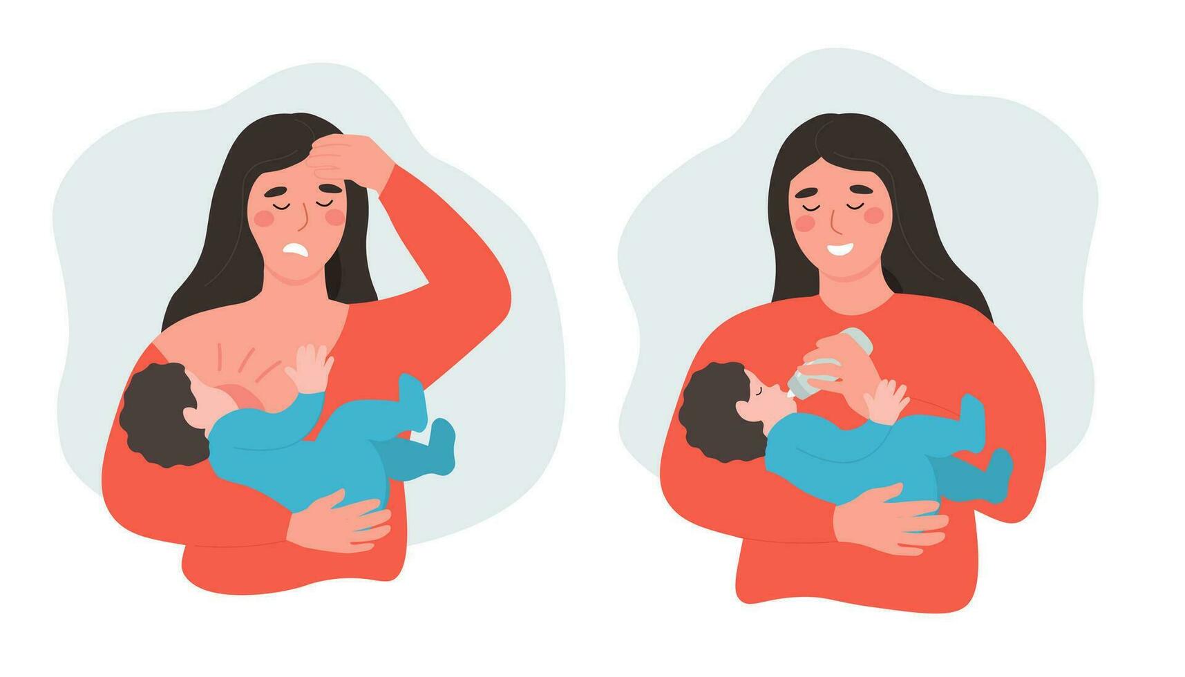 il madre allatta al seno e bottiglia feed il bambino. i problemi con allattamento, mastite dolore. vettore piatto grafica.