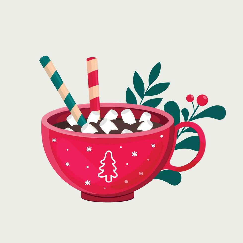 Natale caldo bevanda con marshmallows e tubi nel un' rosso tazza vettore