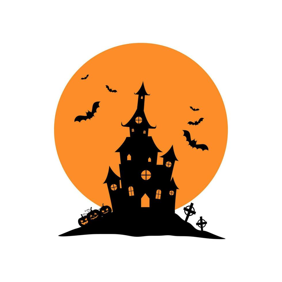 Halloween castello con chiaro di luna piatto design. frequentato Casa spaventoso castello. haloween festa cartello vettore copertina illustrazione. Helloween icona collezione. piatto design cartone animato concetto