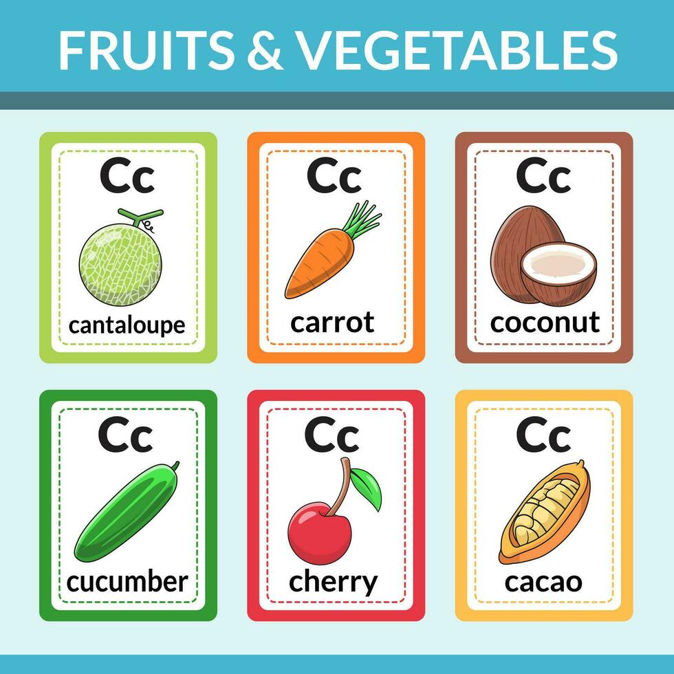 frutta e verdure quello inizio con c flashcard per introducendo alfabeti e vocabolario vettore illustrazione