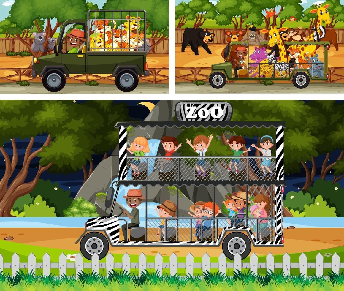 diverse scene di safari con animali e personaggi dei cartoni animati per bambini vettore