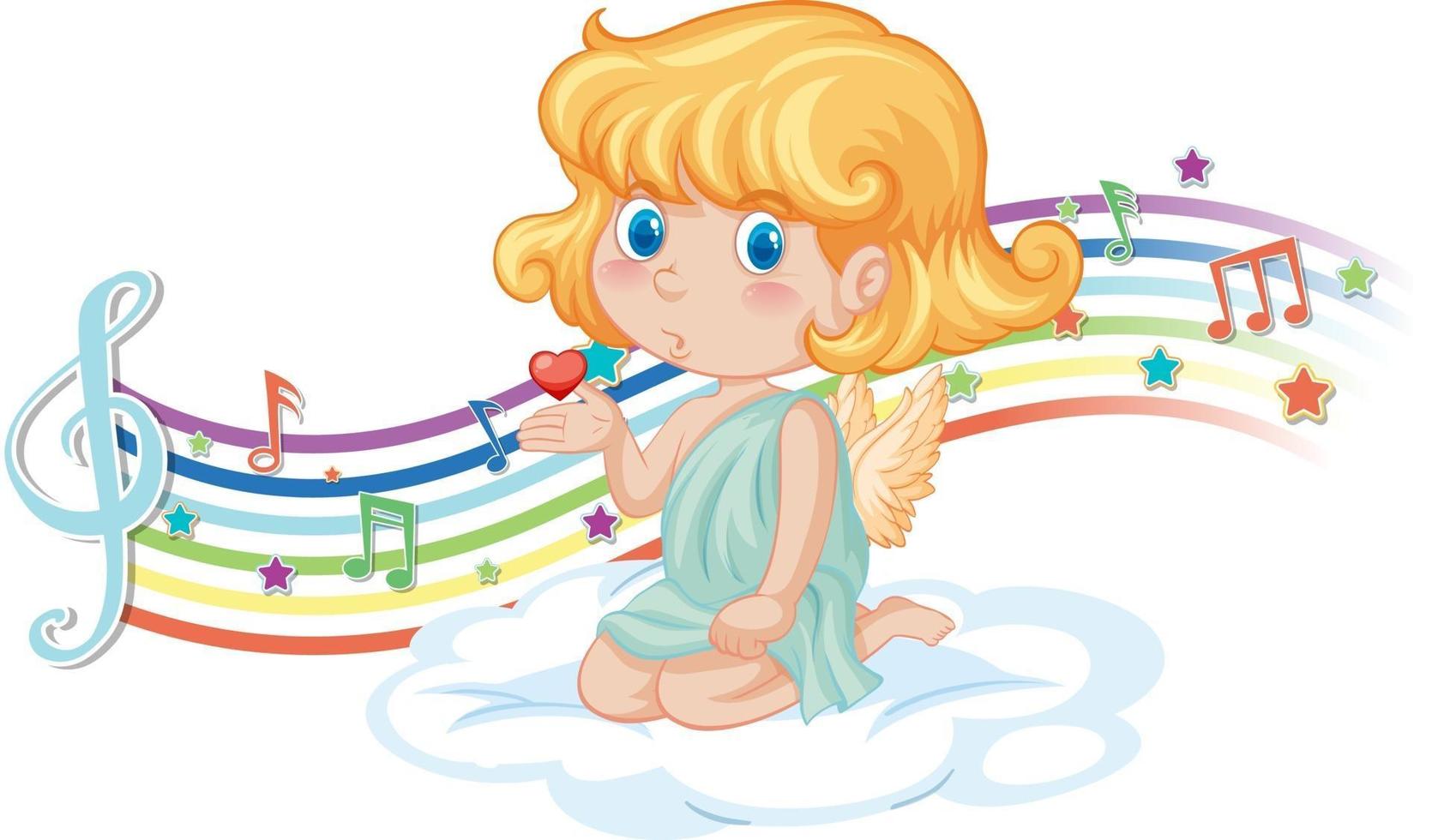 personaggio della ragazza cupido sulla nuvola con simboli di melodia sull'arcobaleno vettore