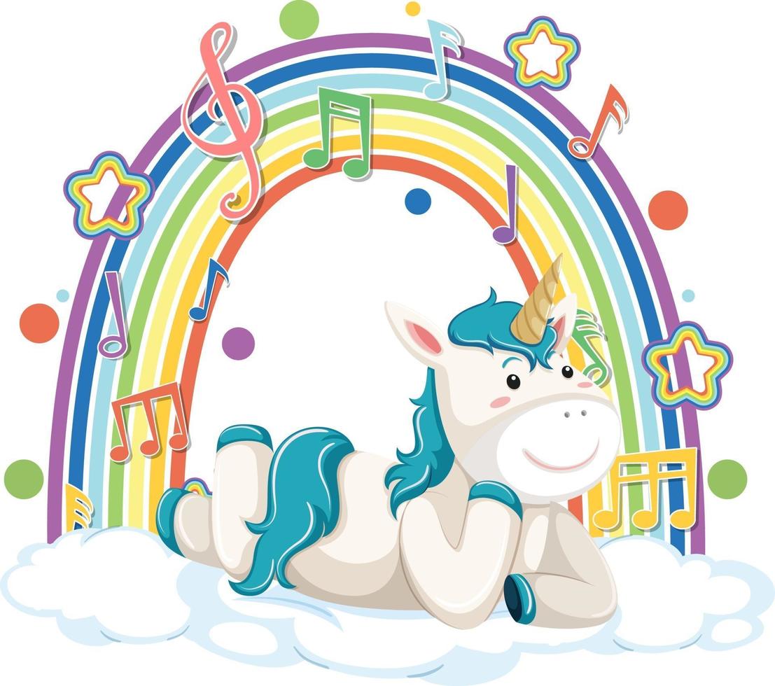 unicorno sdraiato su nuvola con simbolo arcobaleno e melodia vettore