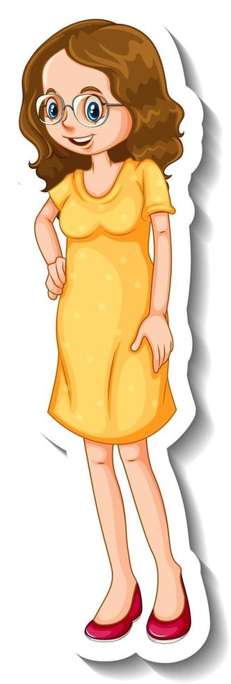 un modello di adesivo con una donna che indossa un vestito giallo in posa in piedi vettore