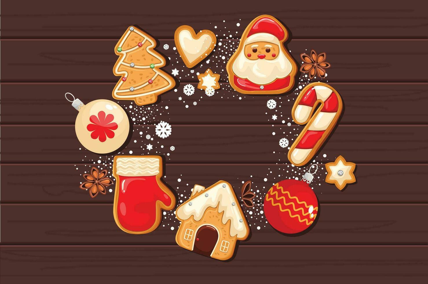 Natale Pan di zenzero biscotti sfondo nel un' il giro forma, per uso come un' manifesto o sfondo. decorato con neve, i fiocchi di neve e perline. vettore