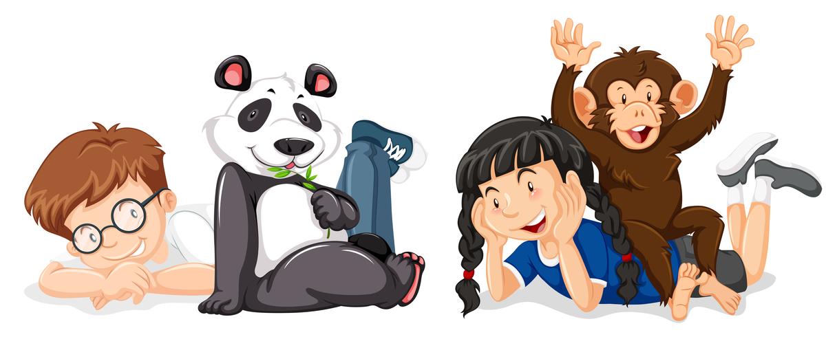 Bambini con scimmia e panda vettore